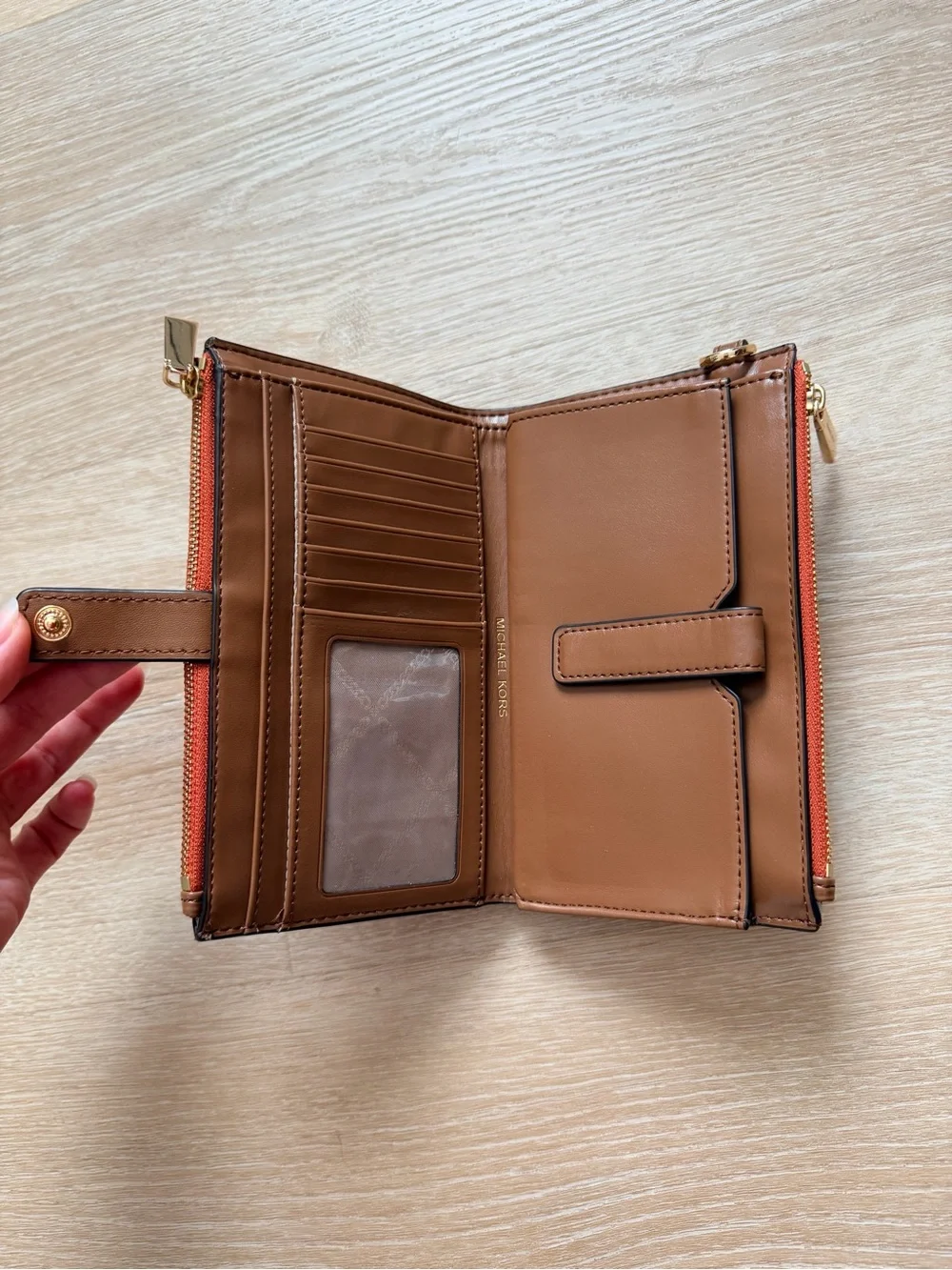 NWOT Michael Kors Adele Double Zip Smartphone Wallet Logo Stripe Red Brown